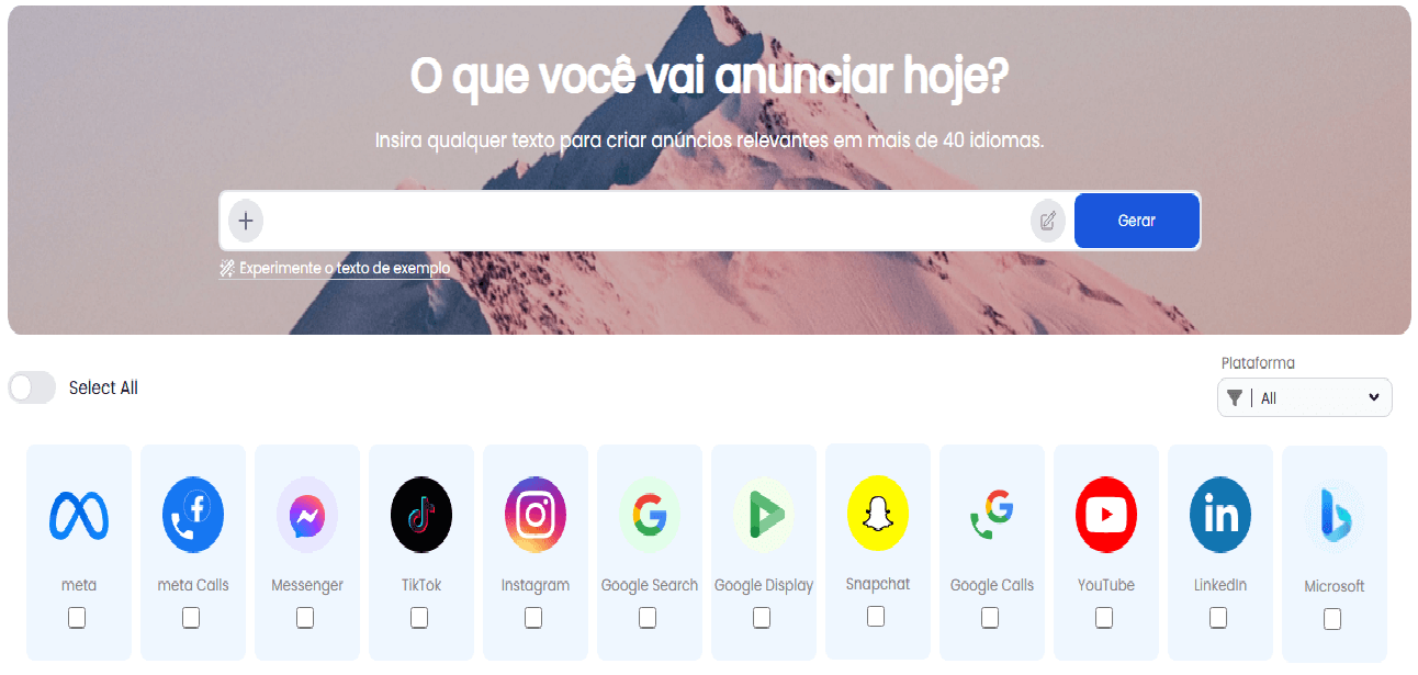 Interface de criação de anúncios com IA